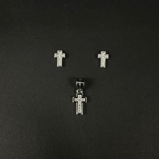 Classic Cross Silver Diamond Pendant Set for Women