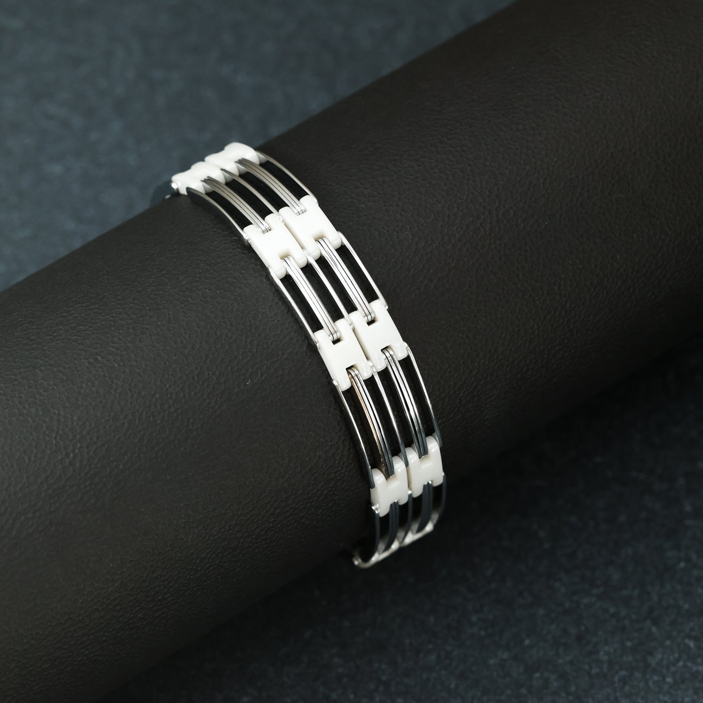 Men’s Silver & White Ceramic Link Bracelet