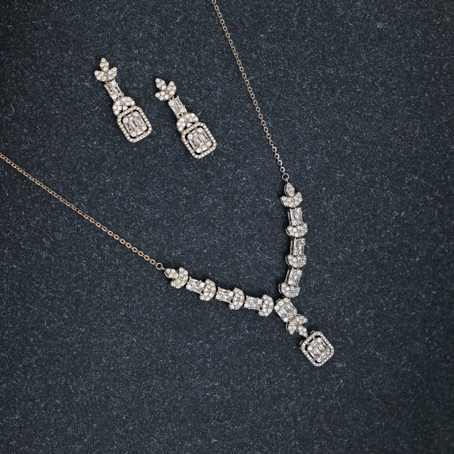 Silver Diamond Necklace Set with Matching Earrings