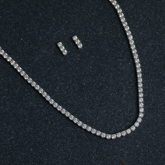 Silver Tennis Diamond Necklace Set with Matching Earrings