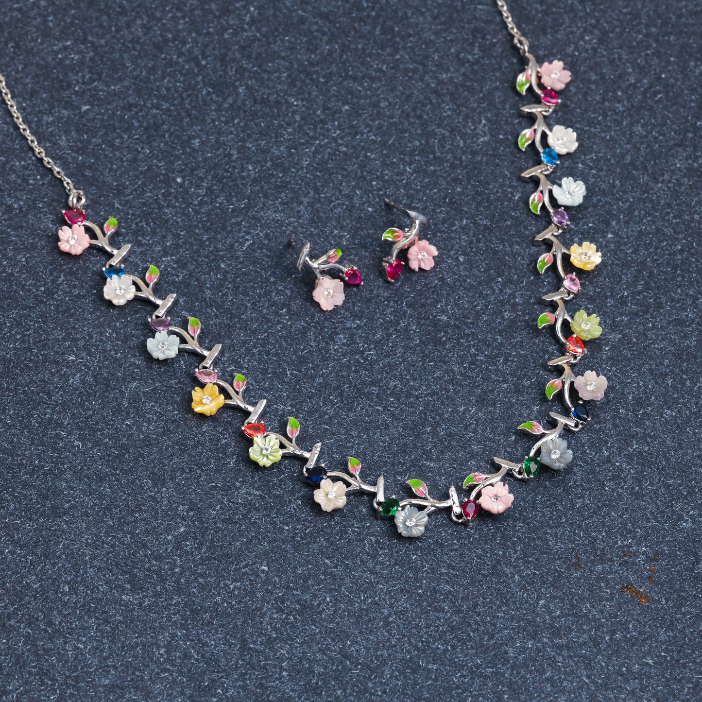 Floral Colorful Silver Necklace Set with Matching Earrings