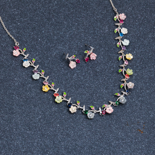 Floral Colorful Silver Necklace Set with Matching Earrings