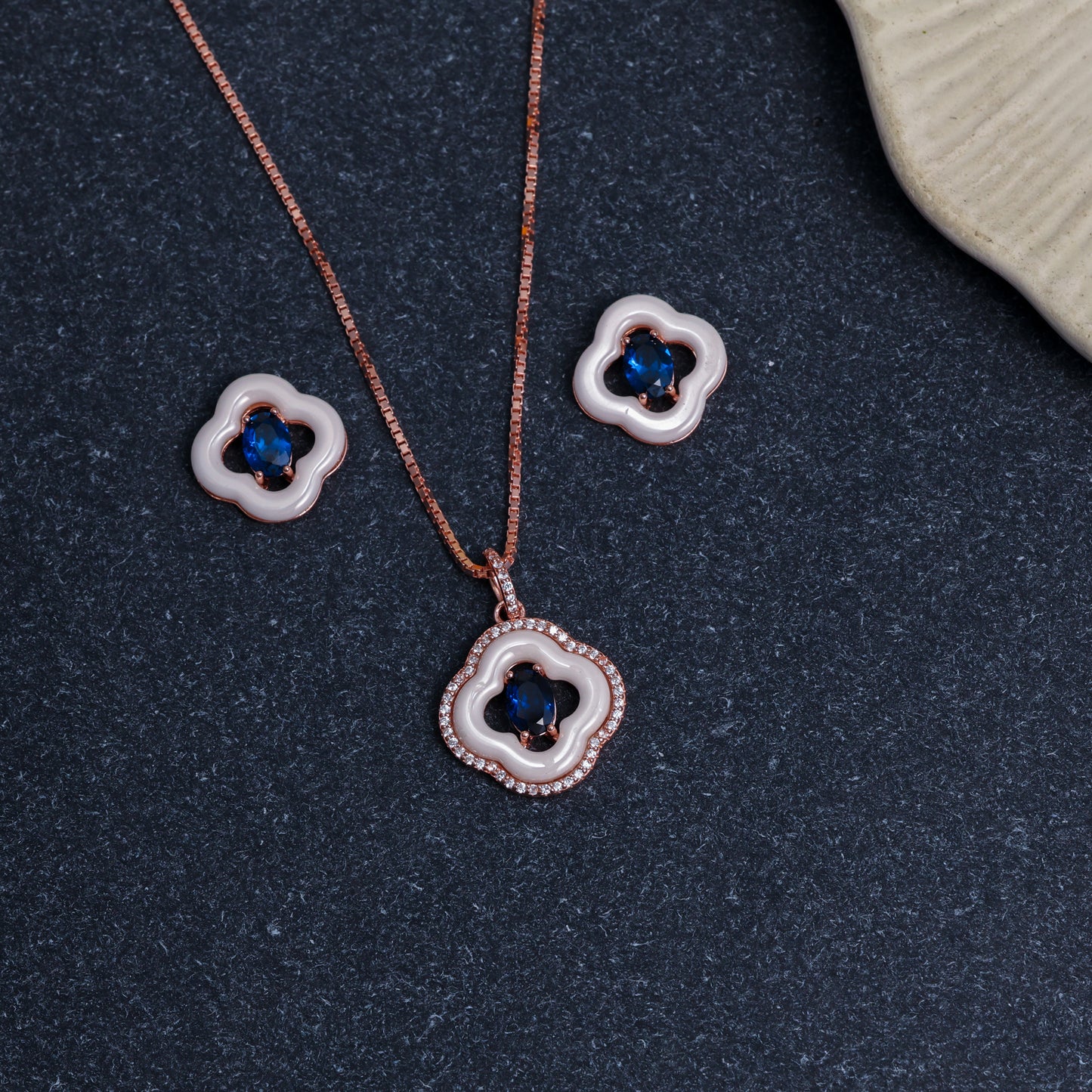 Silver White & Blue Diamond Floral Pendant Set for Women